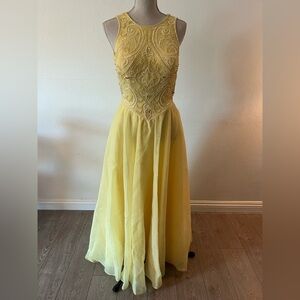 Vintage Alyce Designs Beaded Yellow Maxi Dress with Embellished Bodice
